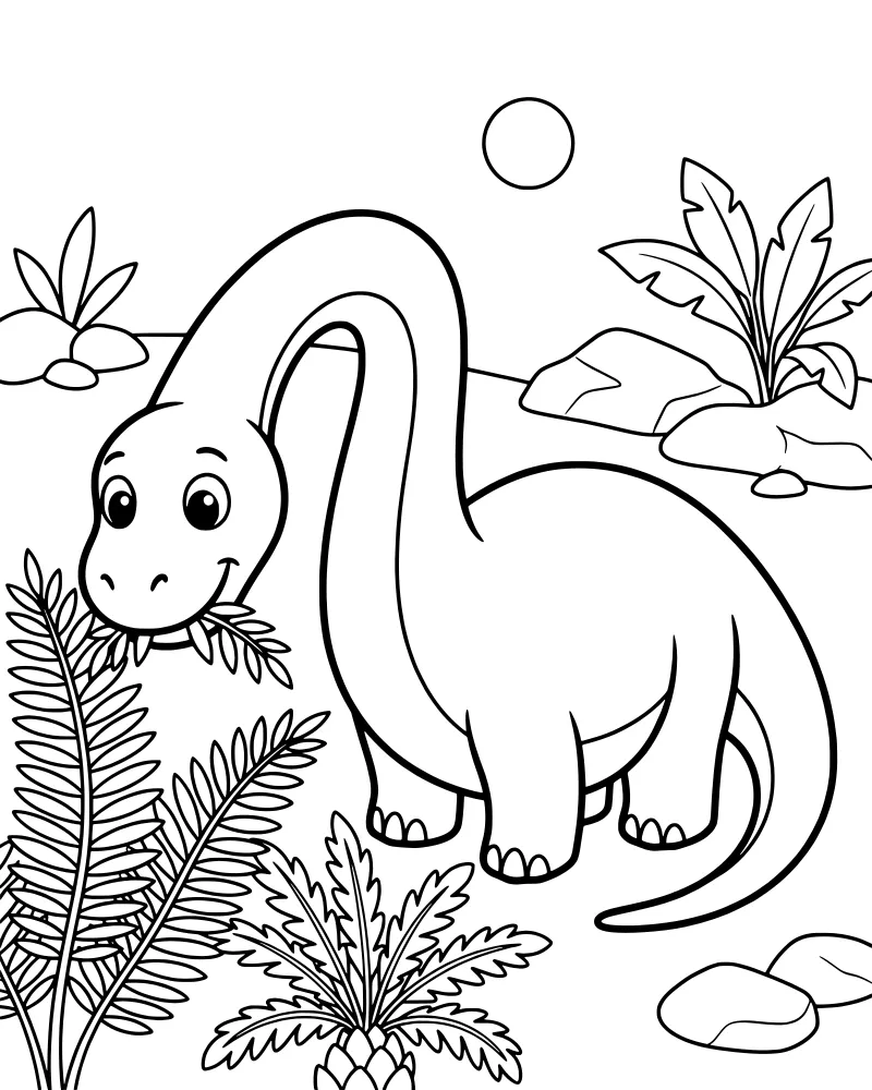 A cartoon long-necked dinosaur eating green ferns in a prehistoric landscape with rocks and a smiling sun.