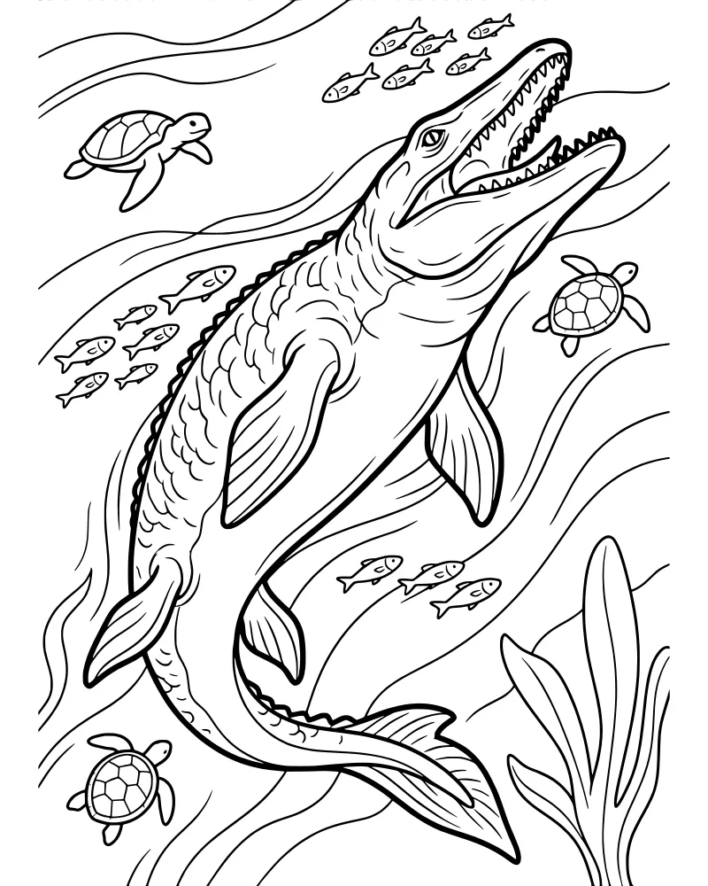 A cartoon mosasaurus swims in the ocean with sea turtles, a school of fish, and underwater plants.