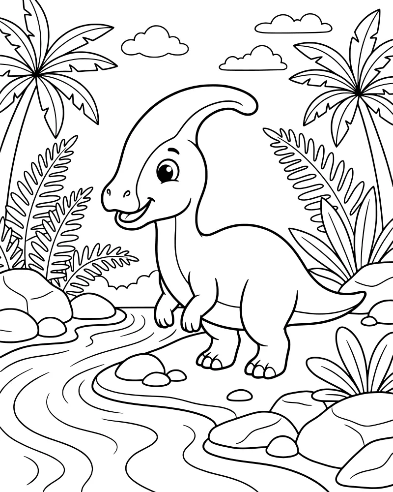 Cartoon Parasaurolophus dinosaur standing on a river bank with palm trees, ferns, and clouds in the background.
