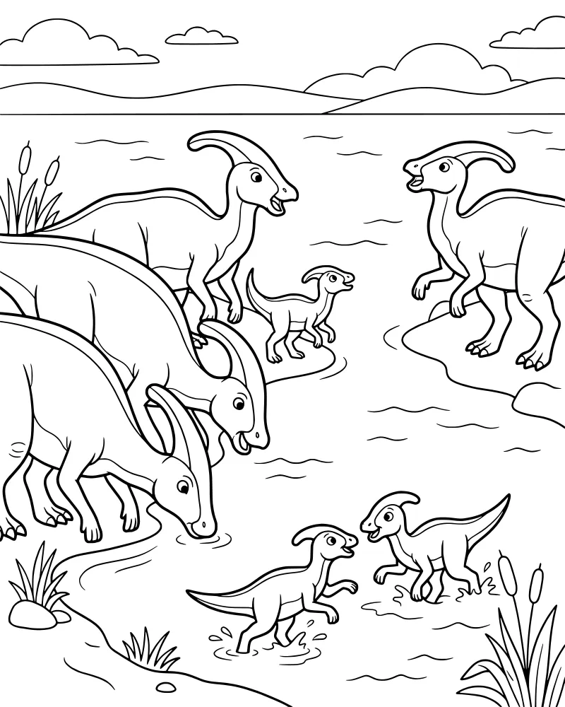 Cartoon Parasaurolophus dinosaurs with babies drinking water near reeds and hills under a cloudy sky.