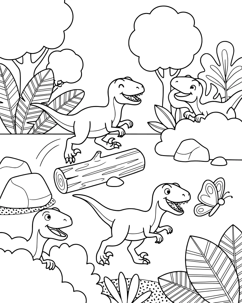 A cartoon scene with three friendly dinosaurs, a butterfly, a log, and several trees in a prehistoric jungle.