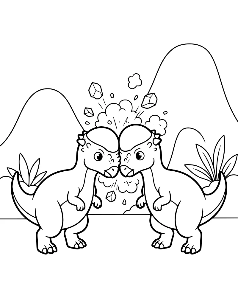 Two cartoon Pachycephalosaurus dinosaurs playfully butting heads with dust and rocks flying in a prehistoric setting.