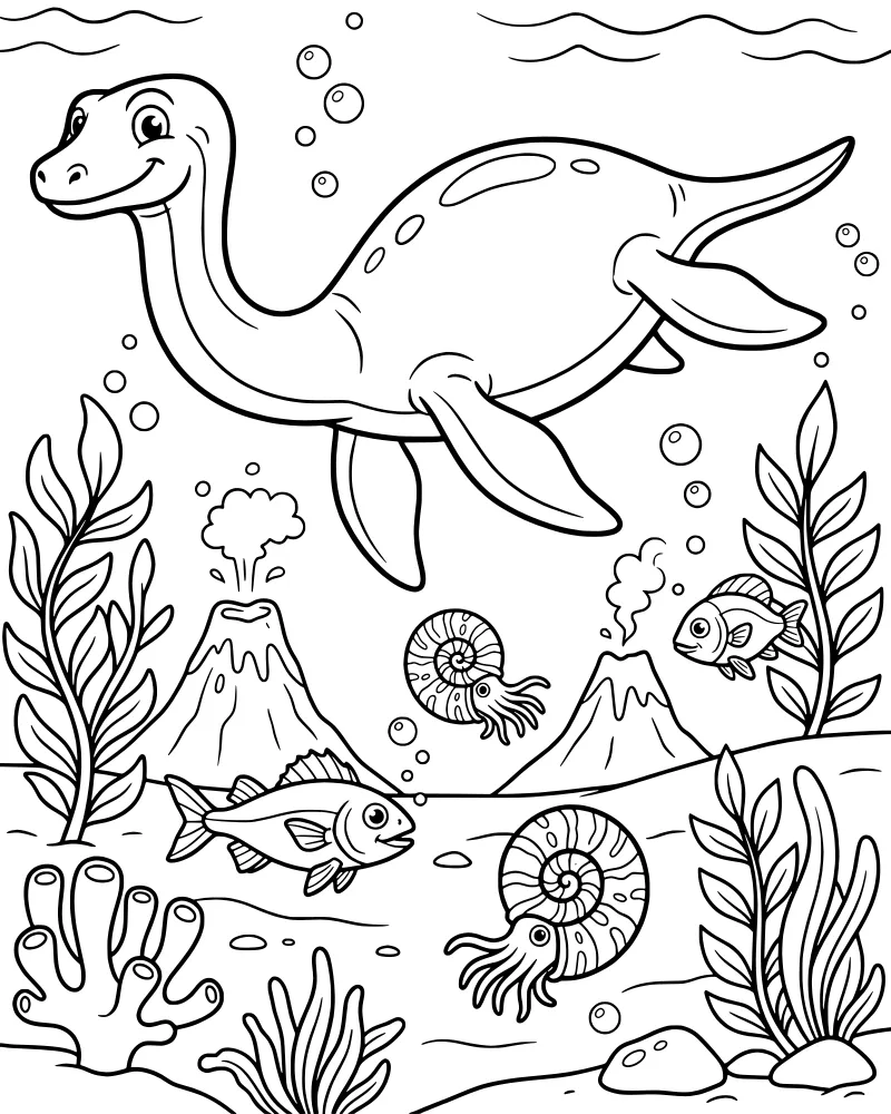 A cartoon plesiosaur swims in the ocean with fish, an ammonite, seaweed, and underwater volcanoes in the background.