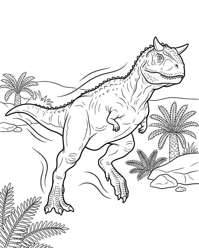 A cartoon Carnotaurus dinosaur with horns standing in a prehistoric landscape with palm trees, ferns, and hills.