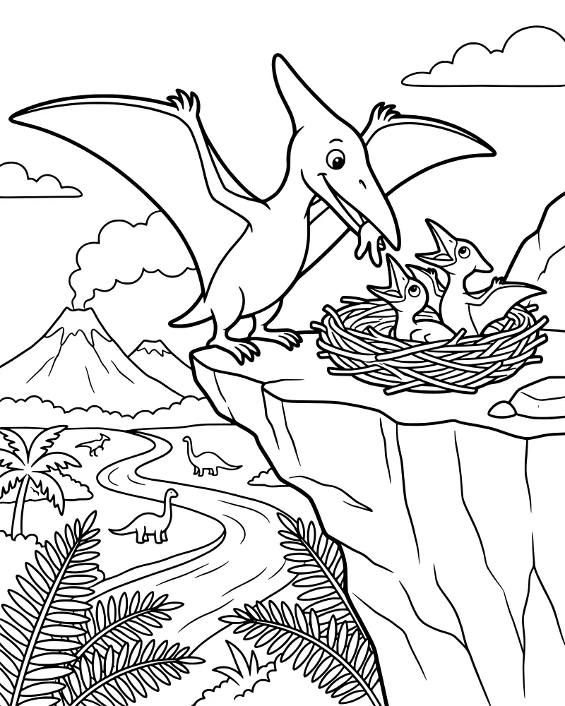 Cartoon pterodactyl parent feeding three chicks in a nest on a cliff overlooking a volcano and long-necked dinosaurs.