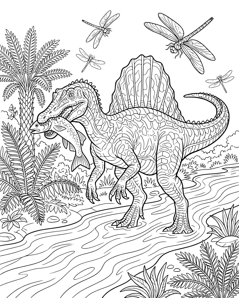 A cartoon Spinosaurus stands in a river holding a fish in its mouth, surrounded by palm trees, ferns, and flying dragonflies.
