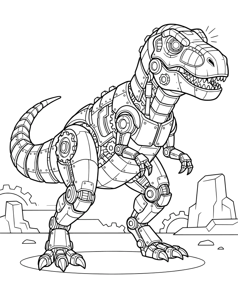A robotic T-Rex made of metal plates and gears standing in a rocky landscape with industrial elements.