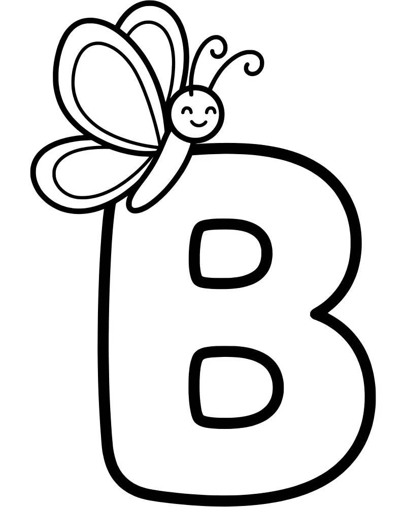 A large cartoon letter B with a small butterfly sitting on the top left corner.
