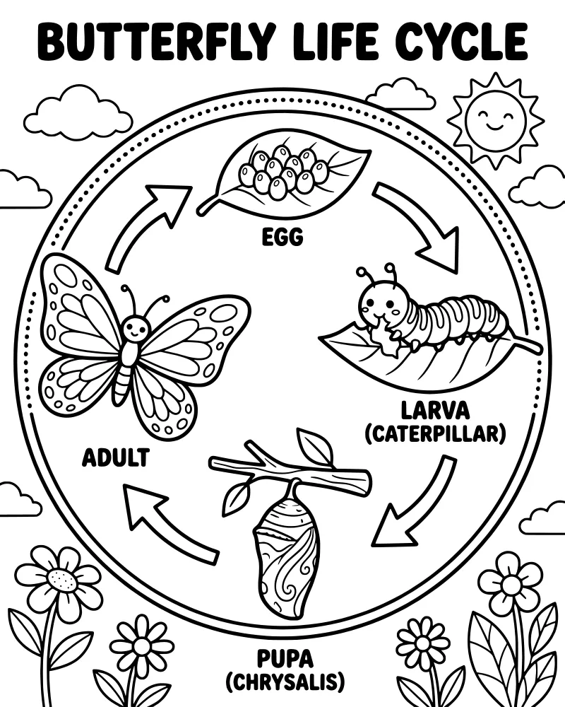 A circular diagram showing the butterfly life cycle with eggs on a leaf, a caterpillar, a chrysalis on a branch, and an adult butterfly with a smiling sun background.