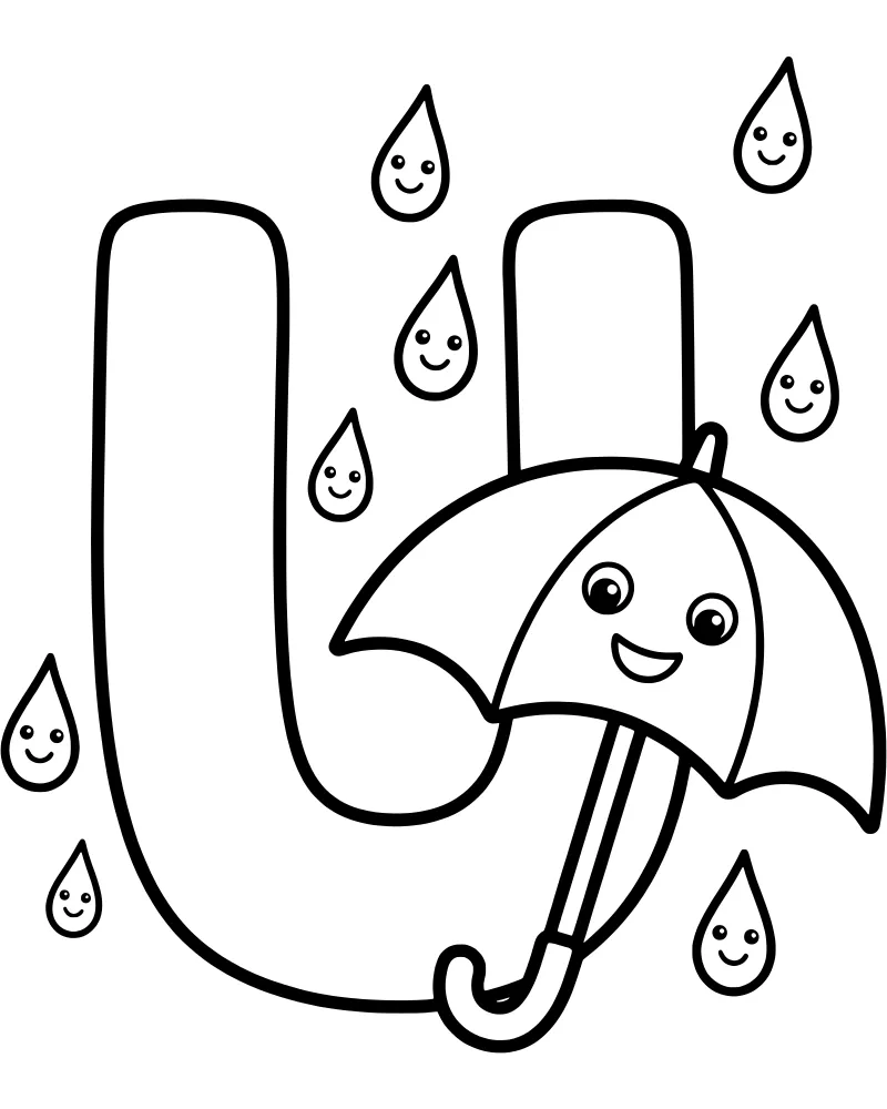 A large uppercase letter U next to a cartoon umbrella with a face and several smiling raindrops falling around them.