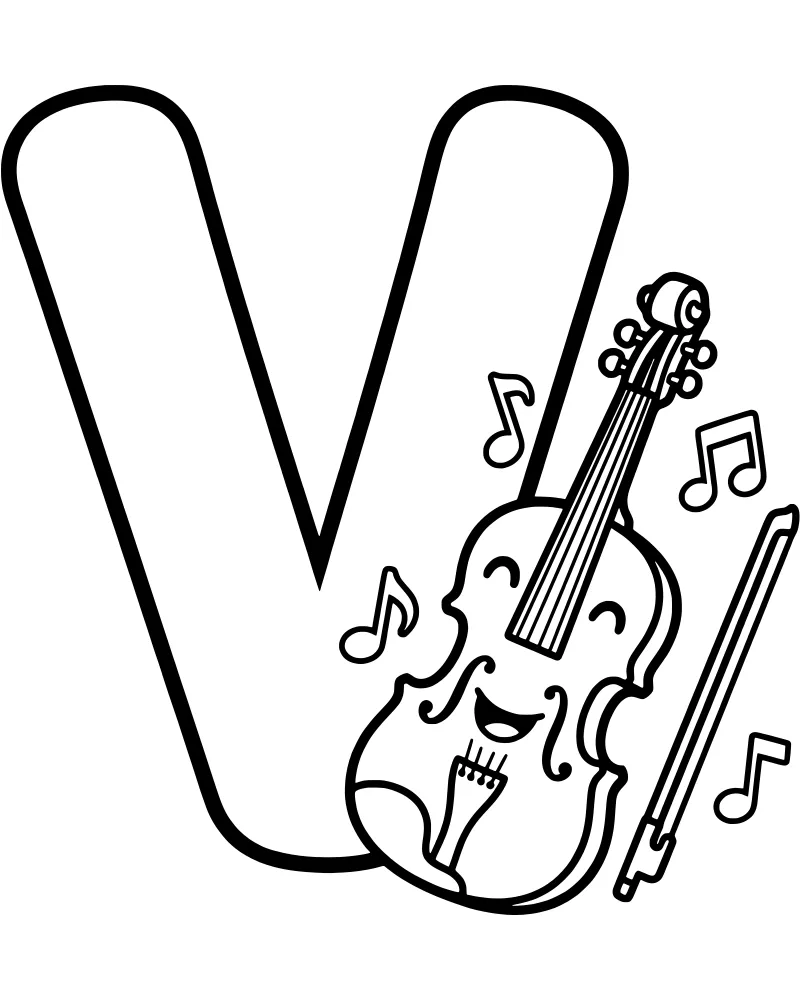 A cartoon violin with a smiling face leaning against a large capital letter V with musical notes and a bow.