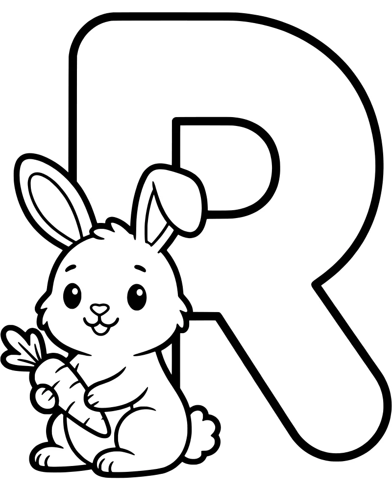 A cute cartoon bunny holding a carrot in front of a large, bold letter R.
