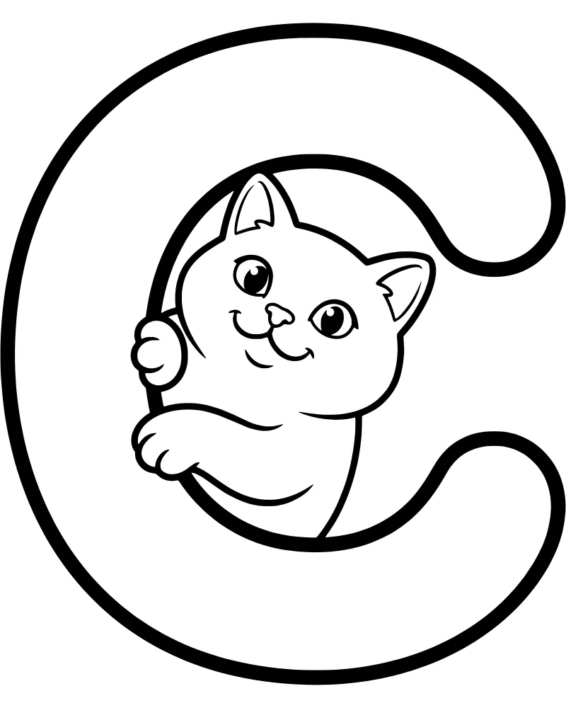 A cartoon cat with large eyes and tiny paws peeking out from behind a large stylized letter C.