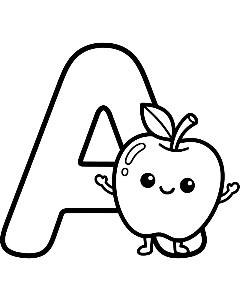 A large uppercase letter A standing next to a cute cartoon apple with a face, arms, and legs.