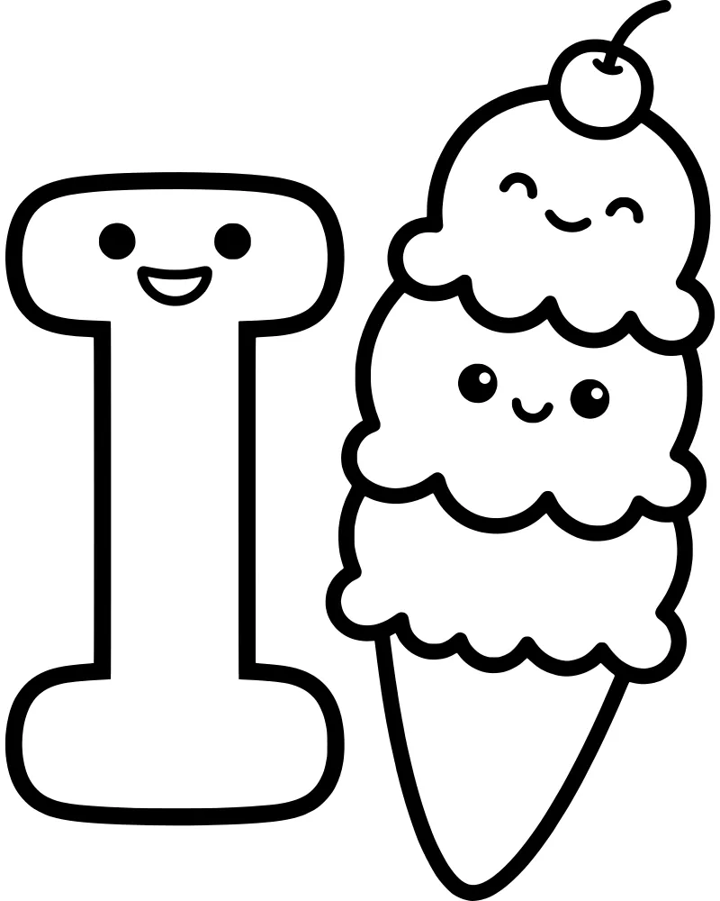 A cartoon letter I with a smiling face standing next to a two-scoop ice cream cone with a cherry on top.