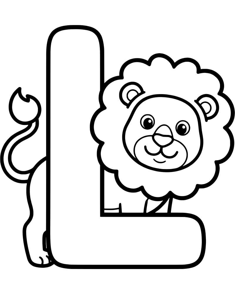 A friendly cartoon lion with a large mane peeking out from behind a big capital letter L.