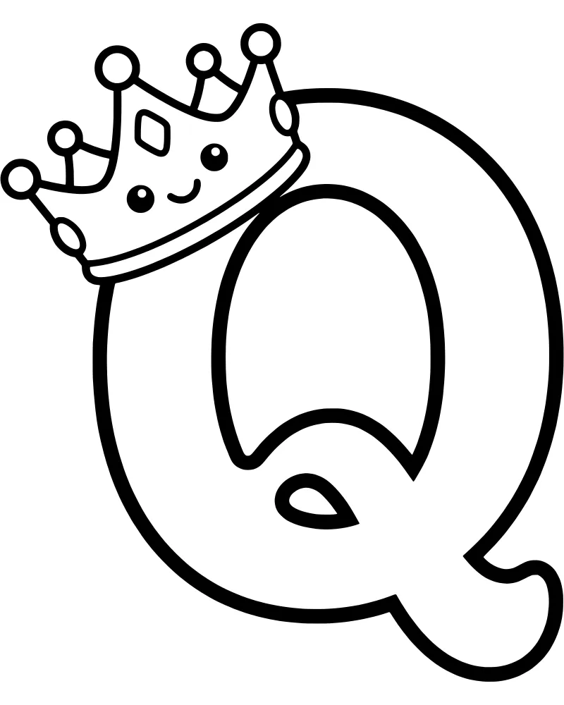 A cartoon letter Q with a smiling face wearing a royal crown with a large gemstone.