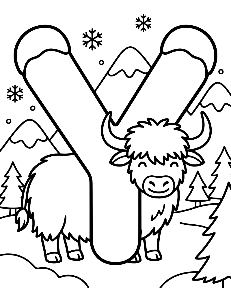 A cartoon yak standing next to a large letter Y in a snowy landscape with mountains, pine trees, and falling snowflakes.