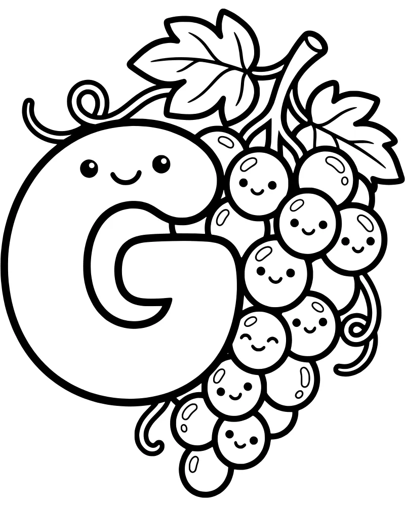 A large letter G next to a bunch of cartoon grapes with smiling faces and leaves.