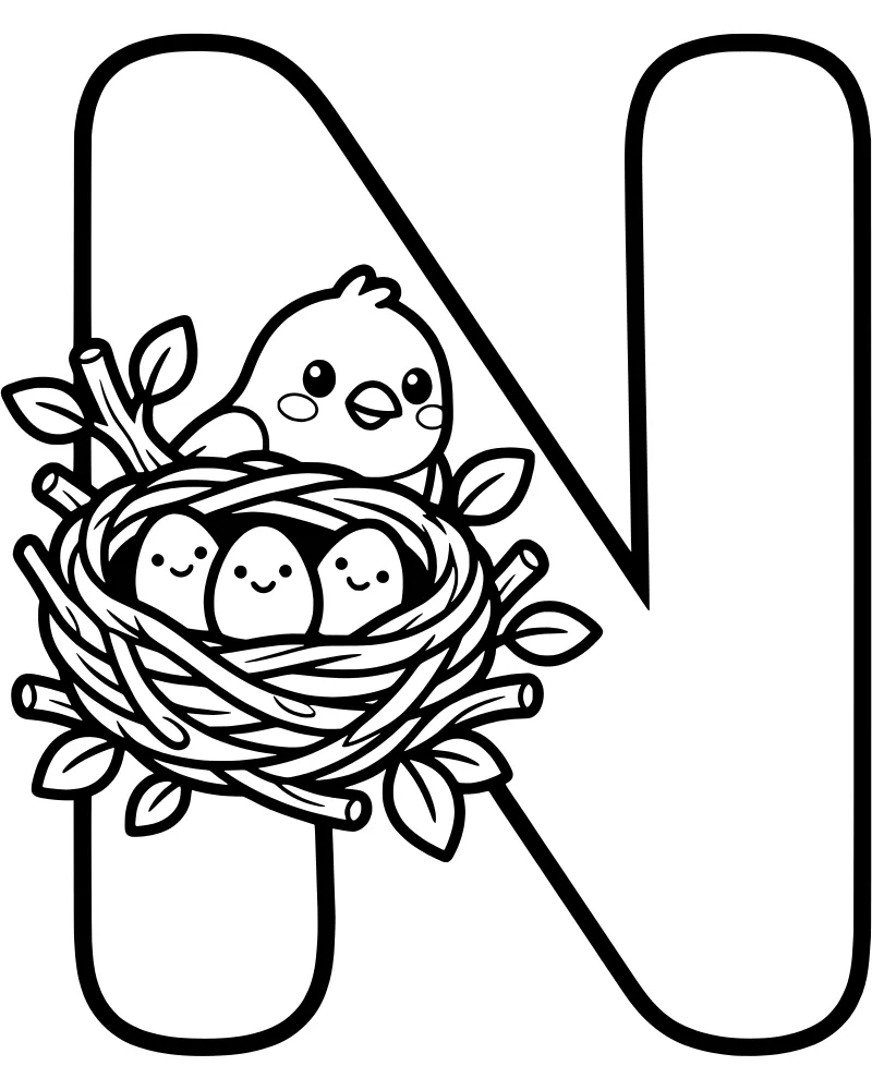 Cartoon letter N with a bird's nest containing an adult bird and three eggs among twigs and leaves.