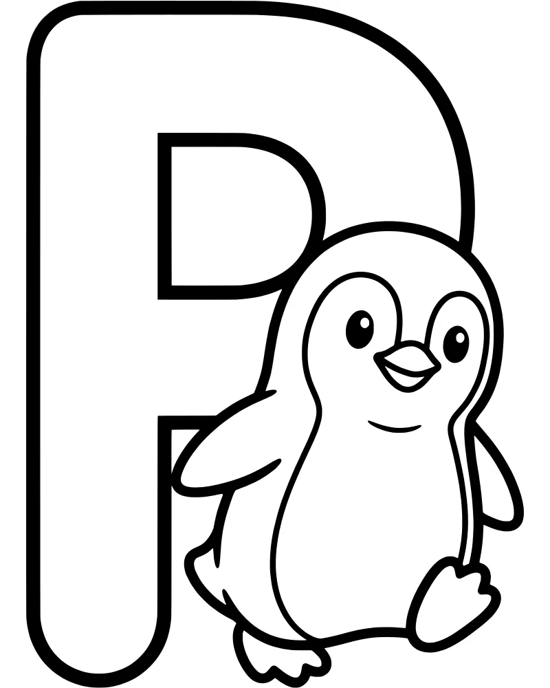 A cute cartoon penguin standing in front of a large capital letter P with simple bold lines.