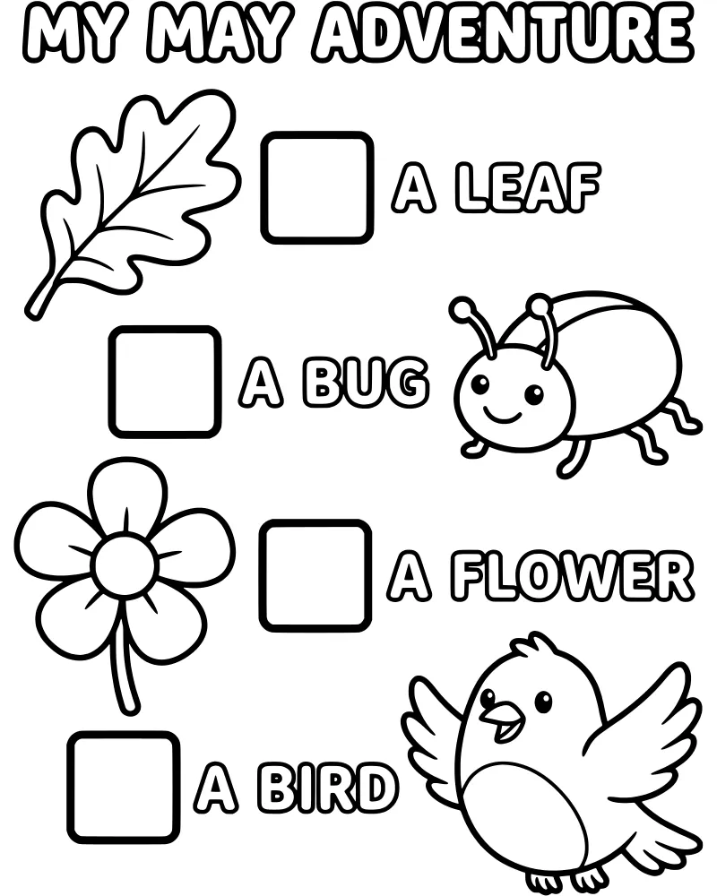 A cartoon nature checklist titled My May Adventure featuring a leaf, ladybug, flower, and bird with checkboxes next to each item.