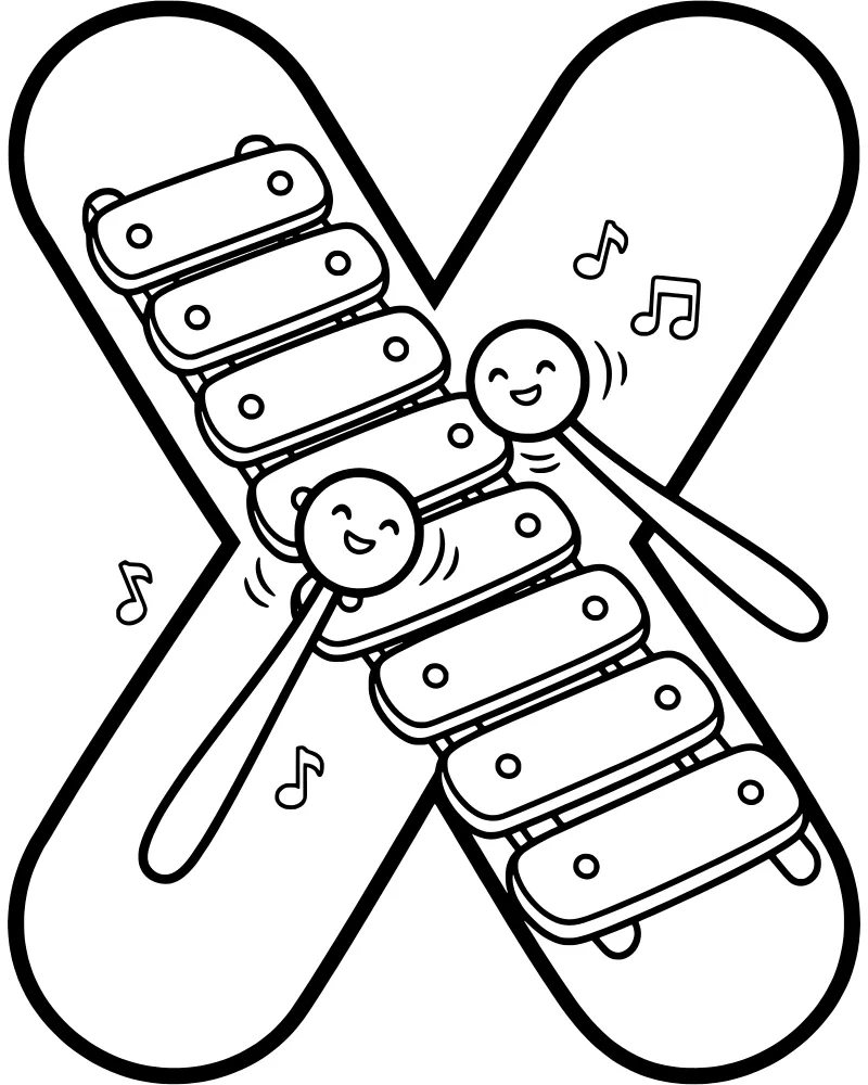 A cartoon xylophone with smiling mallets and musical notes framed inside a large letter X.