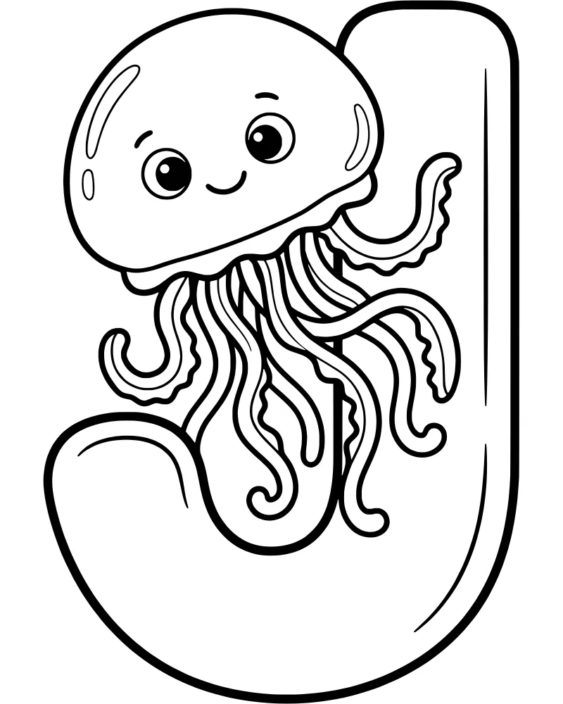 A cartoon jellyfish with a happy face swimming in front of a large bubble-style letter J.