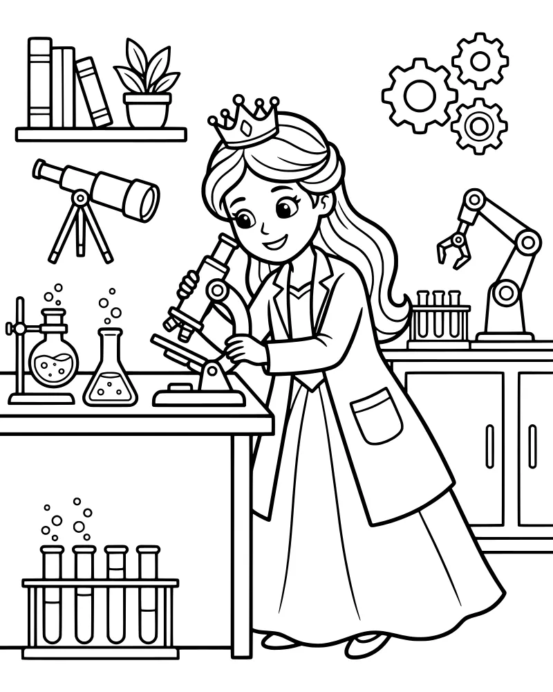 A princess in a lab coat and crown looking through a microscope in a laboratory filled with science equipment like beakers and a telescope.