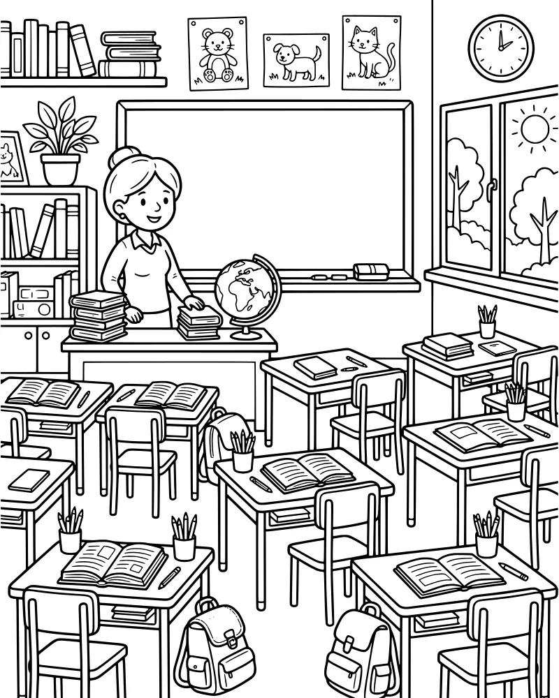 A cartoon classroom interior with a teacher, a globe on a desk, a bookshelf, and a window showing the sun and trees.