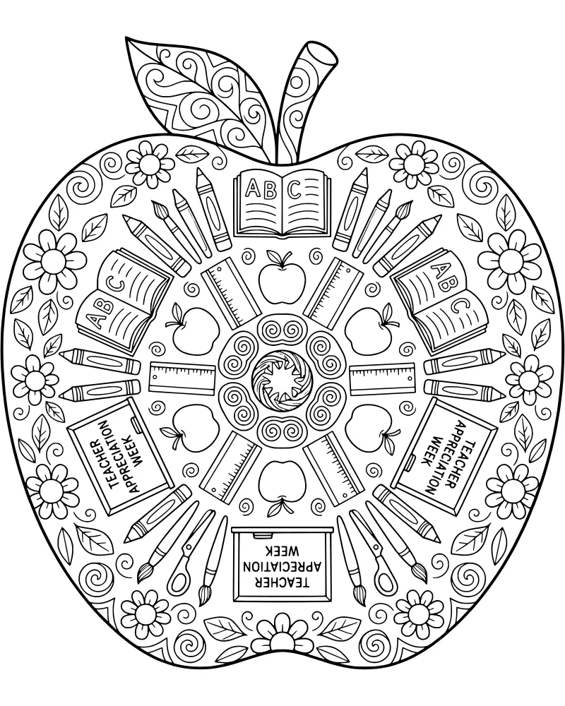 A dense mandala design contained within an apple silhouette featuring school supplies like pencils, books, and scissors with Teacher Appreciation text.