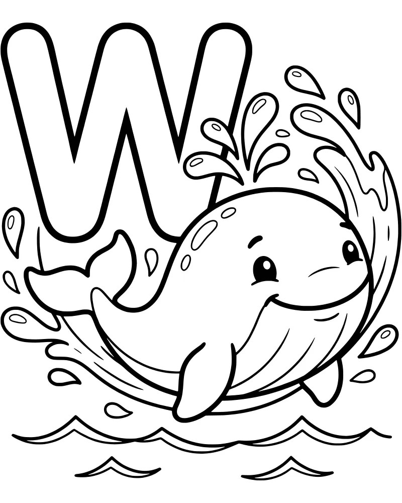 A happy cartoon whale jumping out of wavy water in front of a large capital letter W with water droplets splashing.