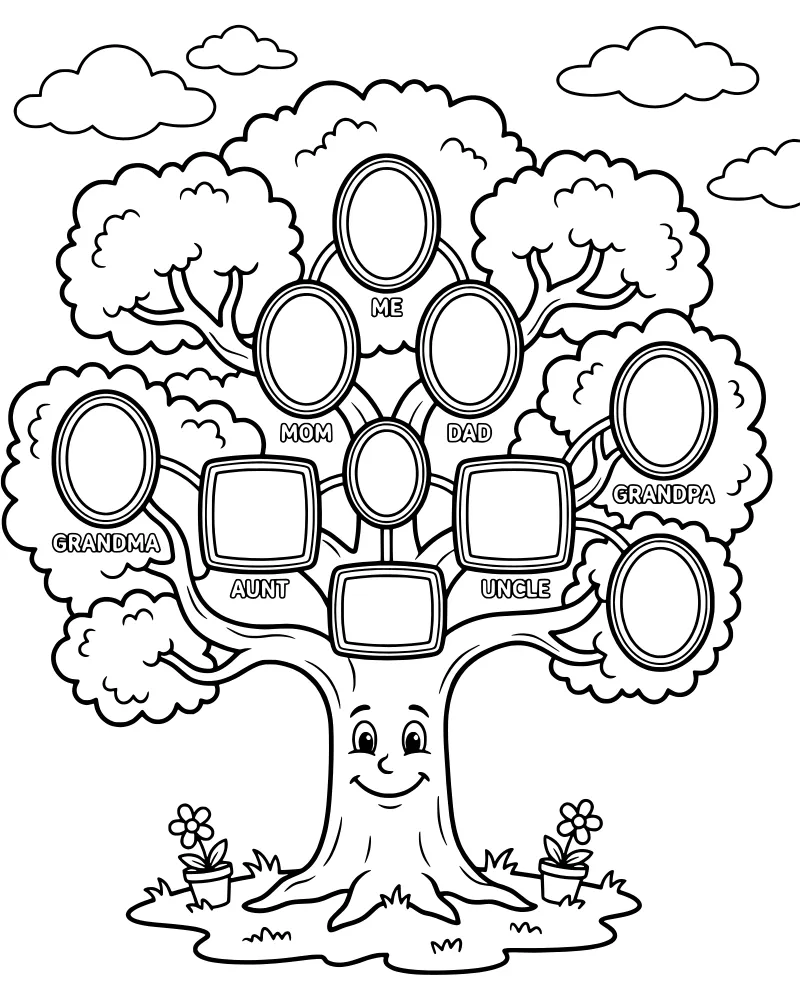 Cartoon family tree with a smiling face on the trunk, photo frames labeled for family members, and clouds in the background.
