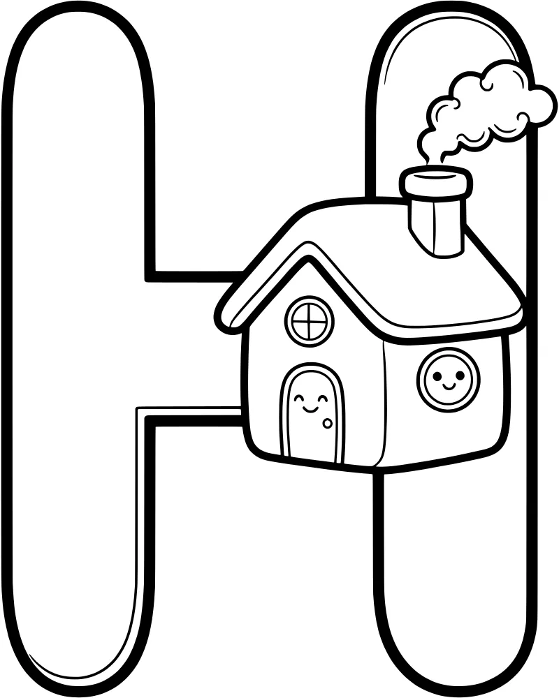 A cartoon letter H with a small whimsical house attached, featuring smiling faces on the door and window and smoke rising from the chimney.