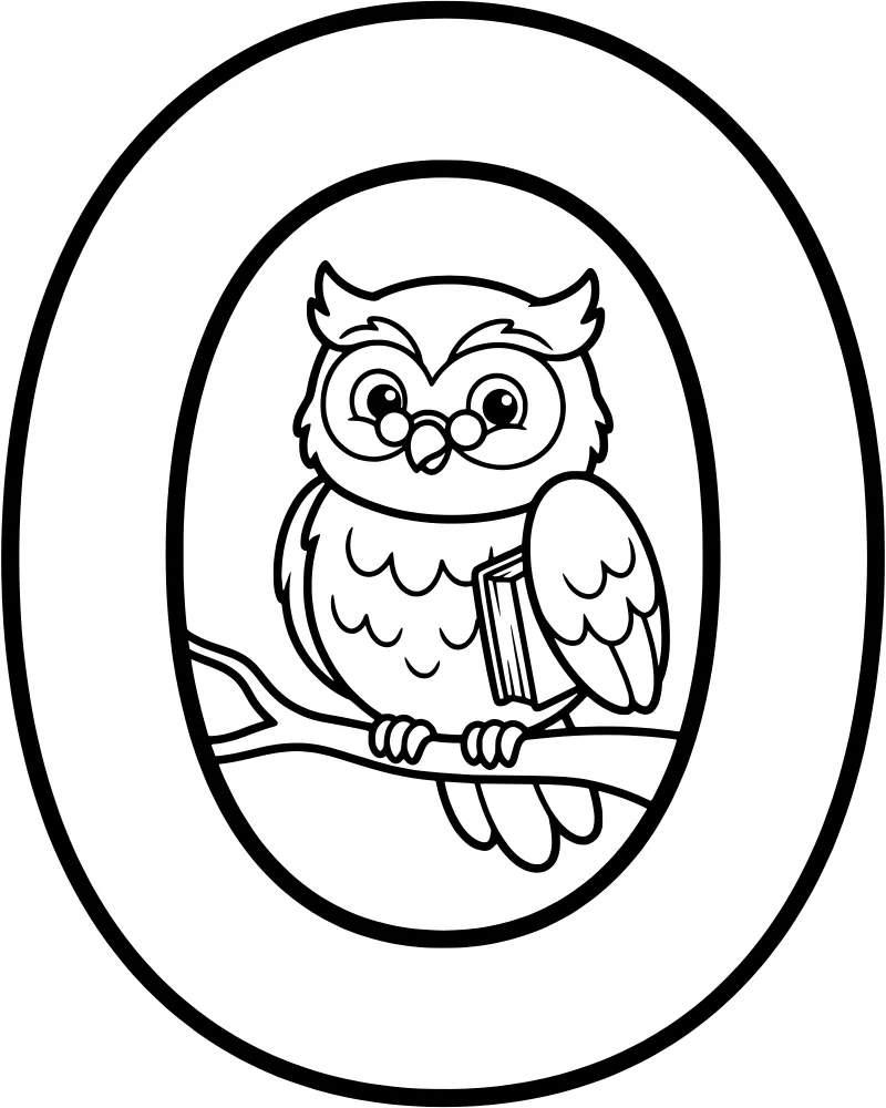 A cartoon owl with glasses reading a book inside a large letter O on a tree branch.