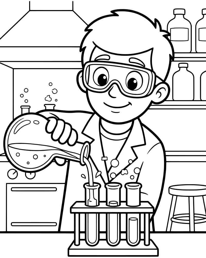 A cartoon boy scientist wearing goggles and a lab coat pouring liquid from a flask into test tubes on a laboratory bench with bubbles.