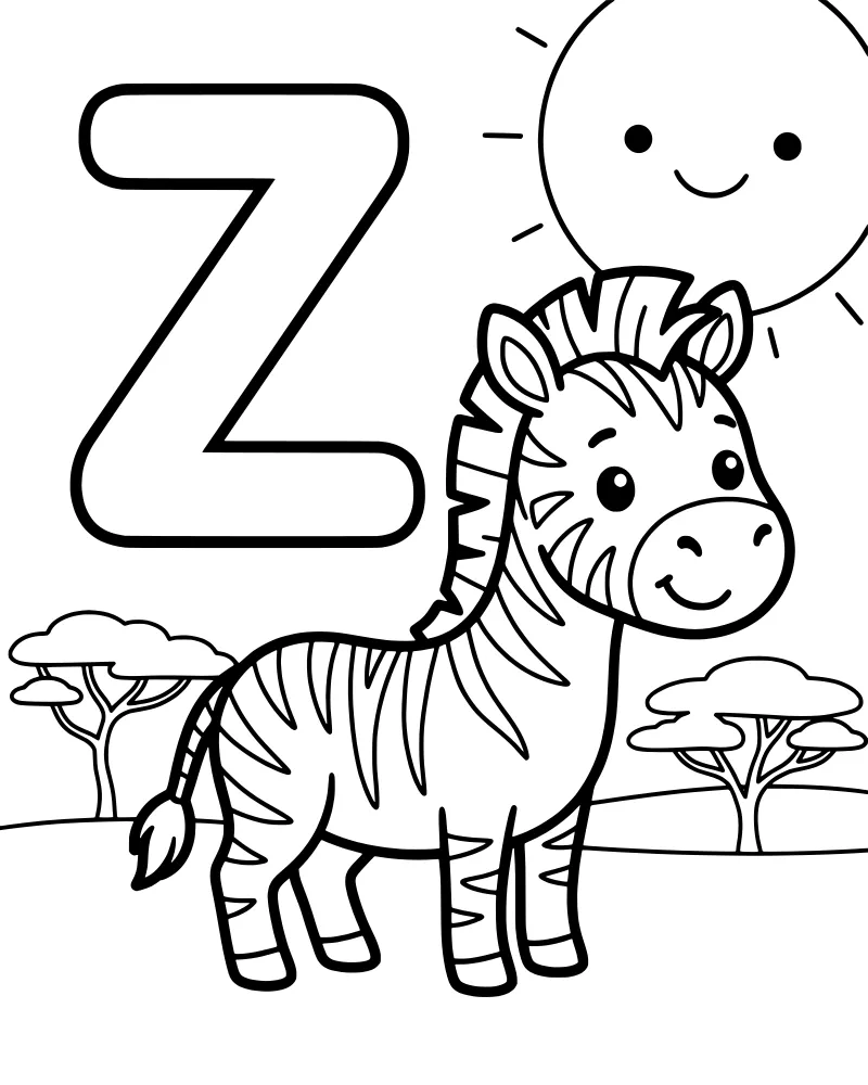 A cartoon zebra standing next to a large letter Z in a savanna with a smiling sun and trees.