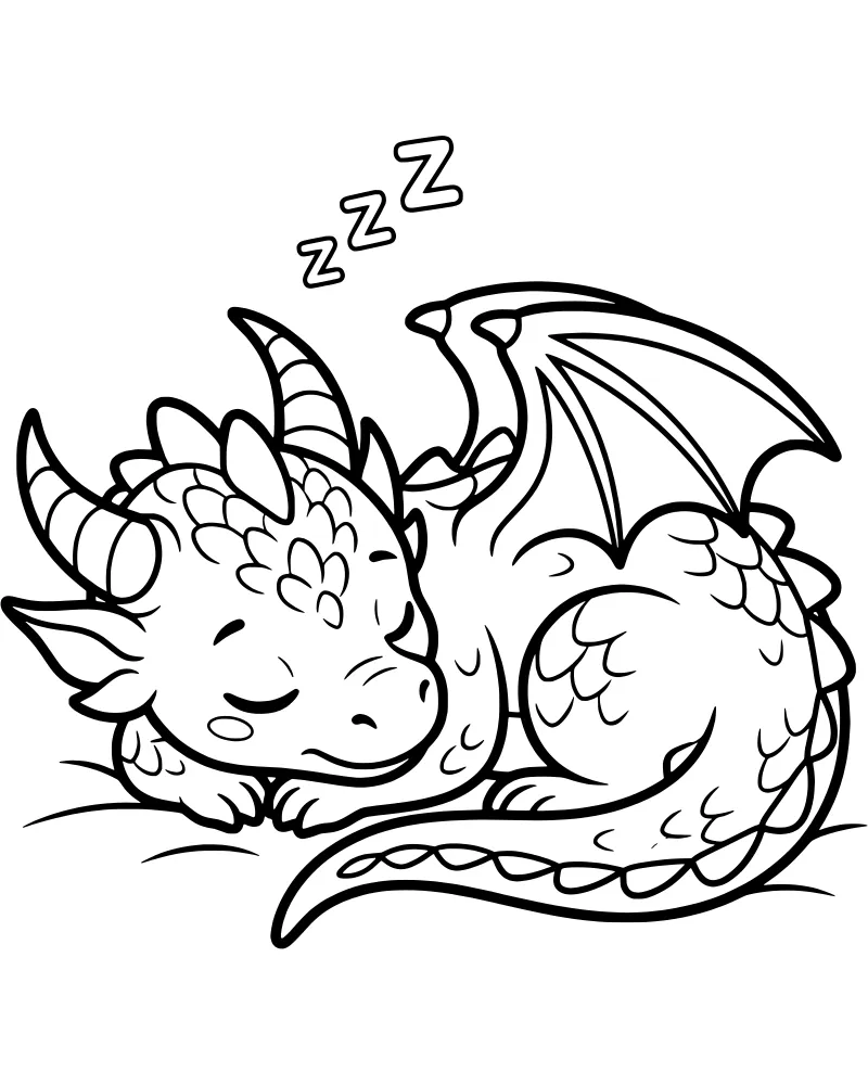 A cartoon baby dragon with small horns and wings sleeping peacefully with zzz symbols floating above its head.