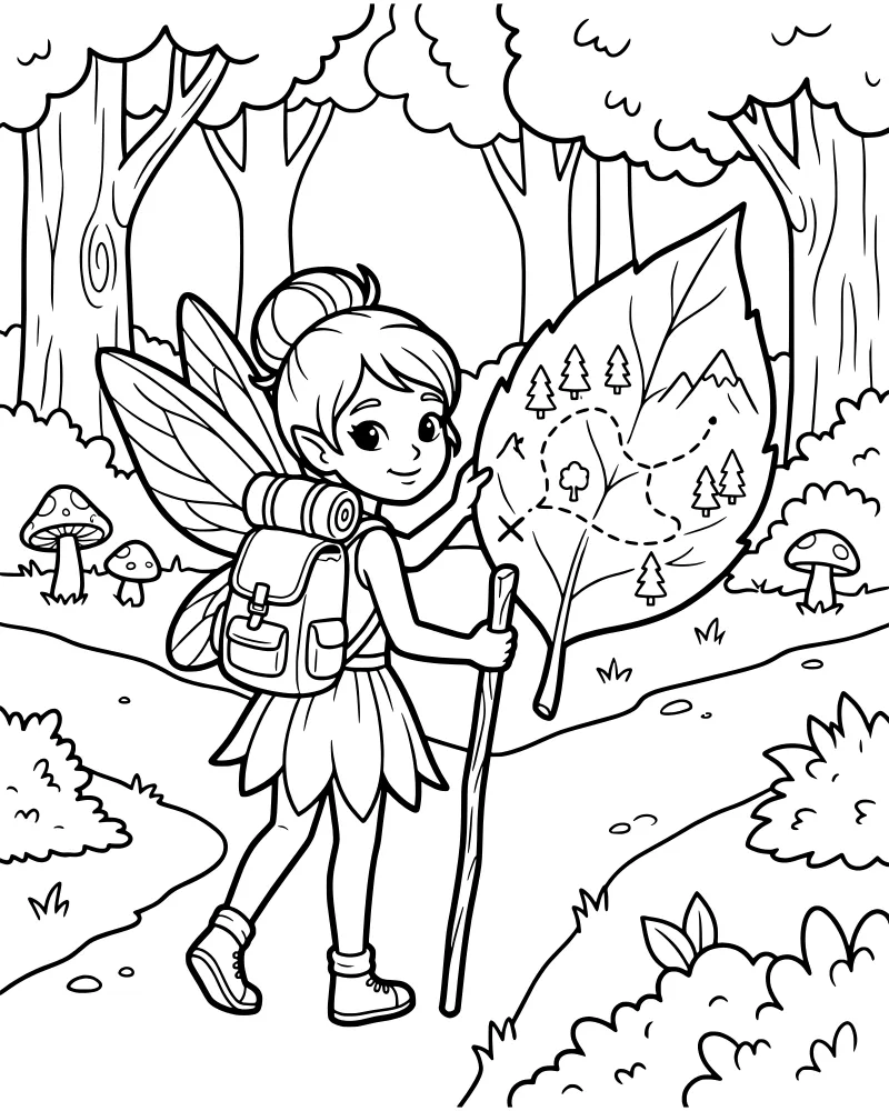 A cartoon fairy with wings and a backpack stands on a forest path holding a leaf map and a hiking stick near mushrooms and trees.