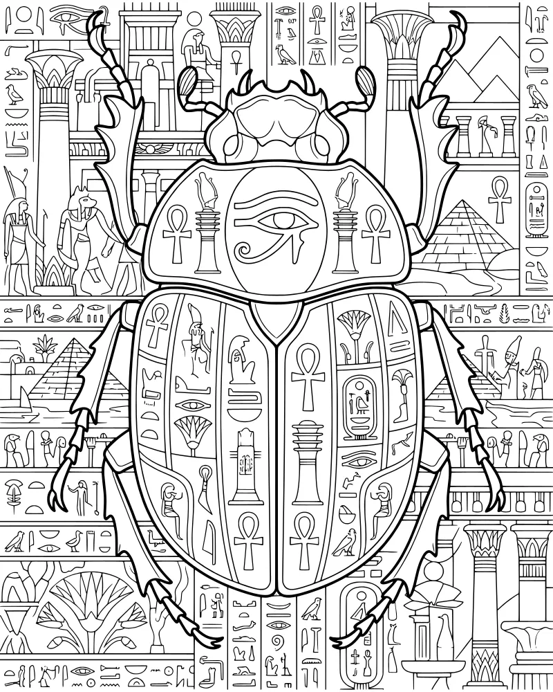 An intricate Egyptian scene with a large scarab beetle, pyramids, hieroglyphs, and the god Anubis.