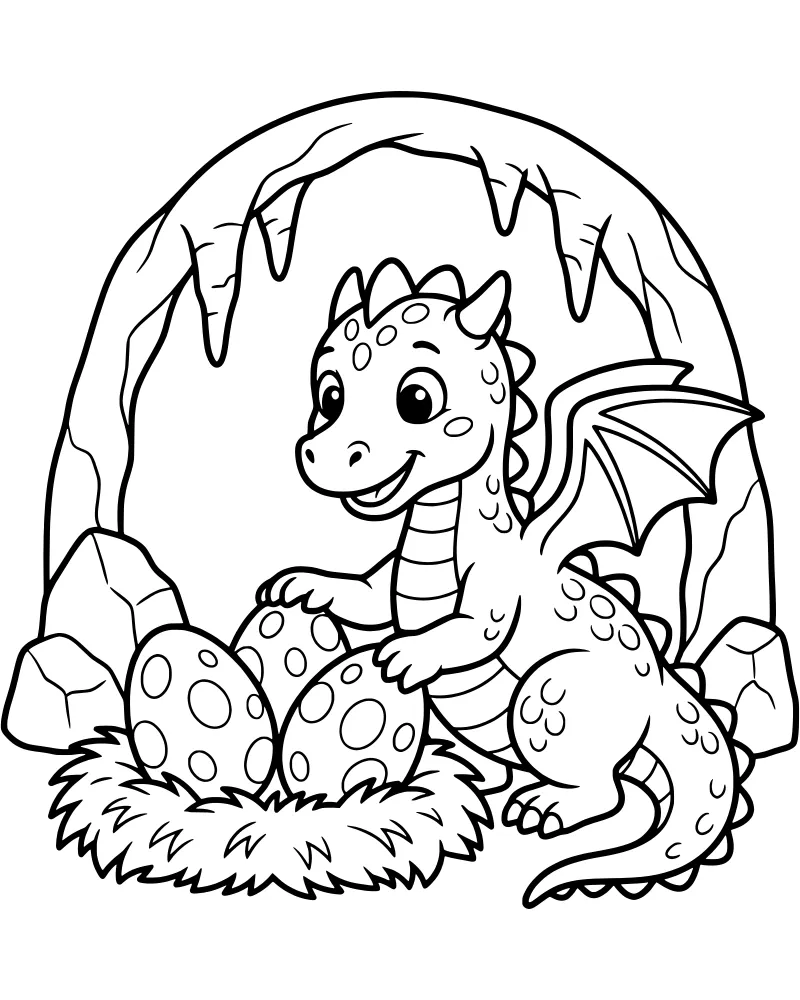 Cartoon baby dragon sitting in a straw nest with three large dragon eggs inside a cave with stalactites.