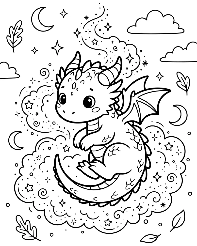 A cartoon baby dragon resting on a fluffy cloud surrounded by stars, crescent moons, and swirling sparkles.