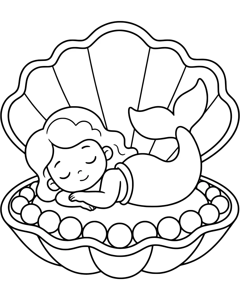 Cartoon baby mermaid with a long tail sleeping peacefully inside a large open seashell resting on a bed of round pearls.