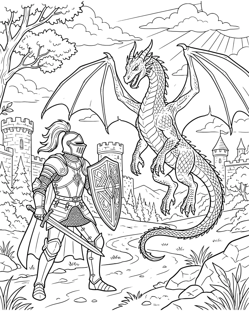 A cartoon knight with a sword and shield stands on a path facing a dragon with a large castle and mountains in the background.