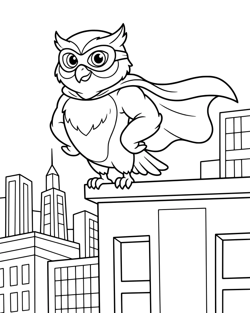 A cartoon superhero owl wearing a mask and cape standing on a rooftop overlooking a city skyline with skyscrapers.