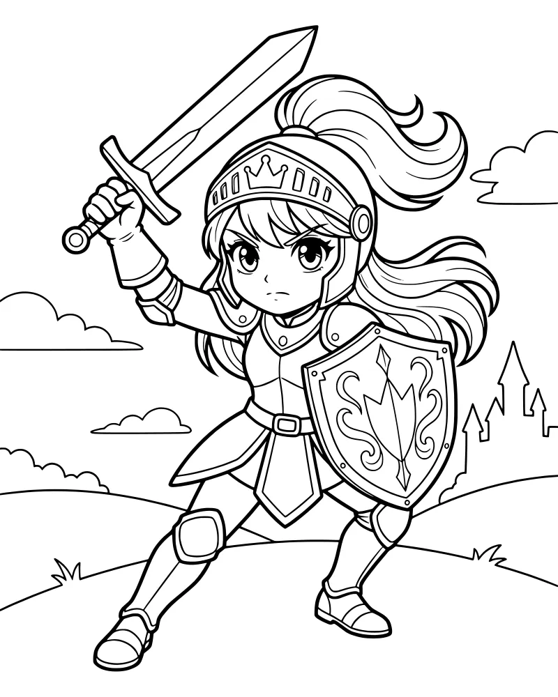 A cartoon knight in full armor holding a sword and shield in front of a castle.