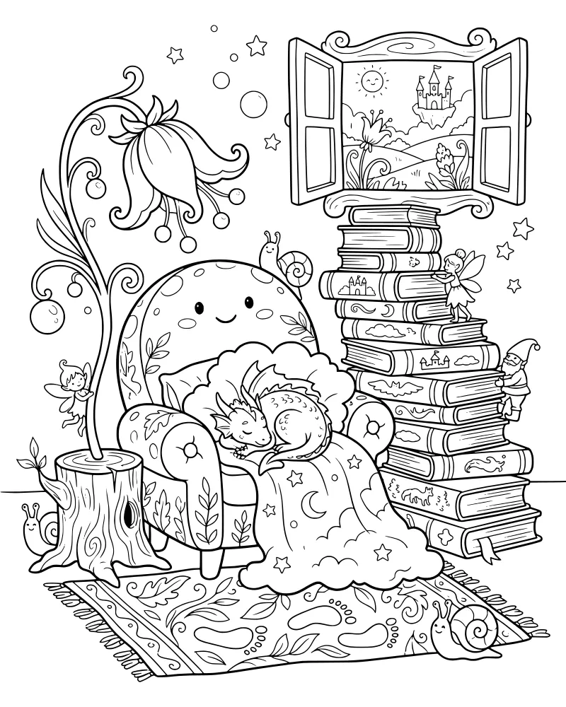 A cartoon dragon sleeping on a large armchair with a blanket, a stack of books, a gnome, a fairy, and a window view of a castle.