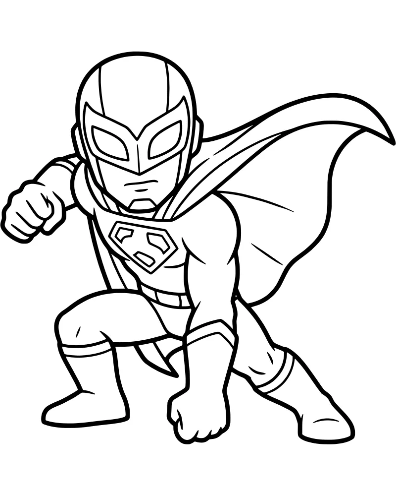 A cartoon superhero in a heroic crouching pose wearing a mask, cape, and chest emblem.