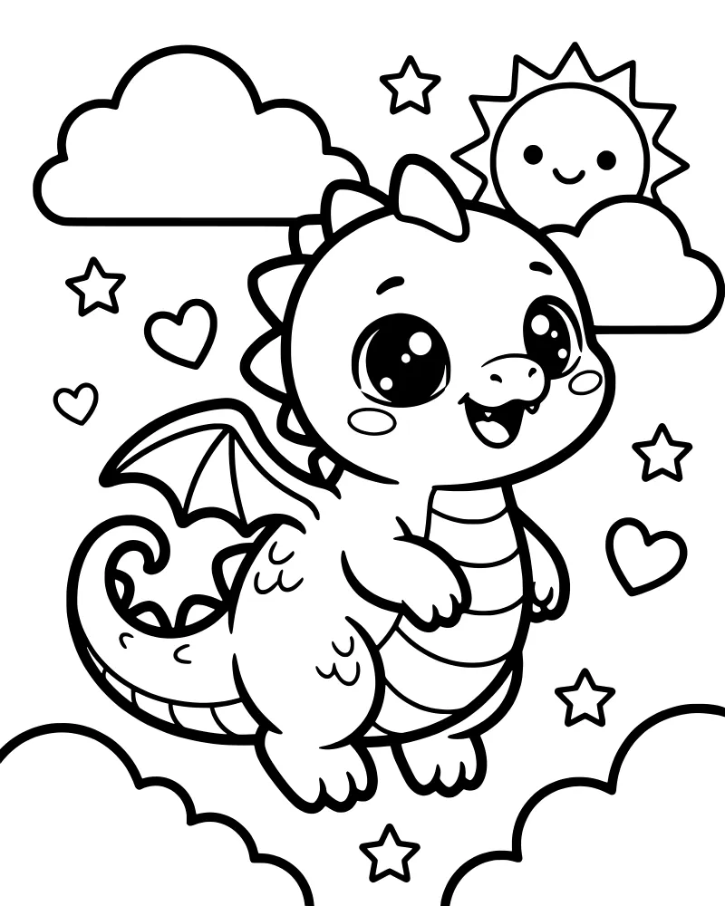 A cartoon baby dragon with large eyes flying in a sky with a smiling sun, clouds, stars, and hearts.