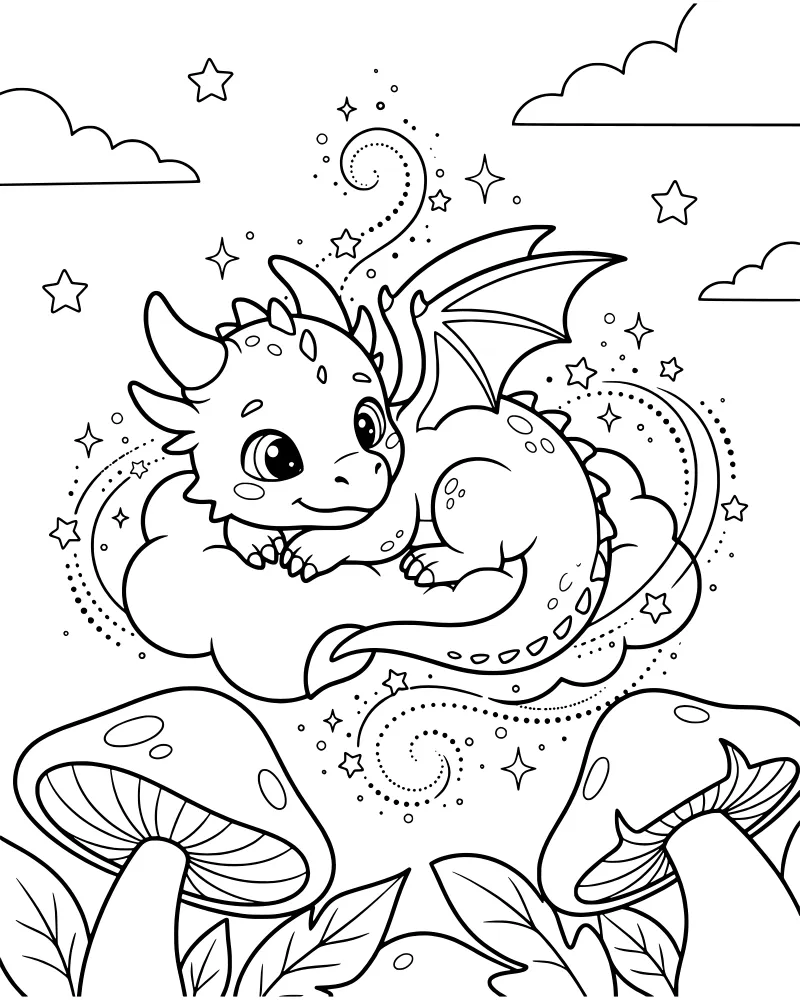 A cartoon baby dragon sleeping on a large fluffy cloud surrounded by stars, swirls, and forest mushrooms.